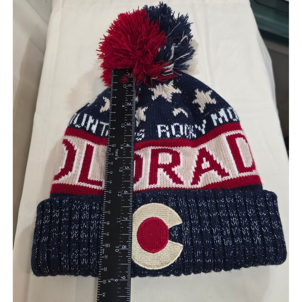 Robin Ruth Colorado Rocky Mountains Beanie‎ Pom Pom Knit Hat Navy Blue - Picture 7 of 7